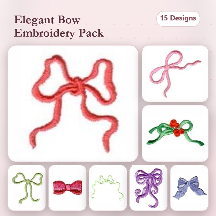 Elegant Bows Embroidery Designs Bundle – Red Bow, Pink Bow, Twisted Bow & More (15 Designs)