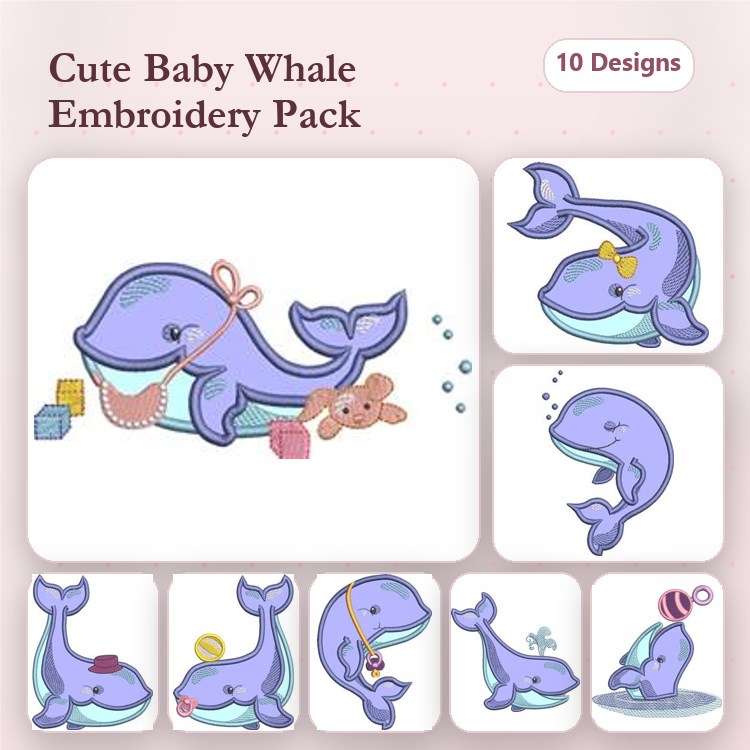 Applique Cute Baby Whales Embroidery Bundle – Whale with Blocks, Whale with Teddy Bear, & More (10 Designs)
