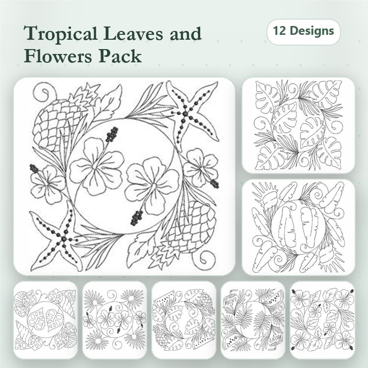Redwork Tropical Leaves and Flowers Embroidery Designs Bundle – Tropical Flower Arrangement, Pineapple Design, & More (12 Designs)