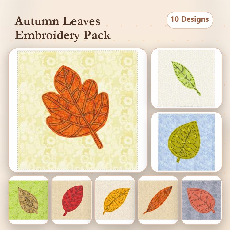 Applique Autumn Leaves Embroidery Bundle – Orange Maple Leaf, Green Leaf, Red Leaf & More (10 Designs)