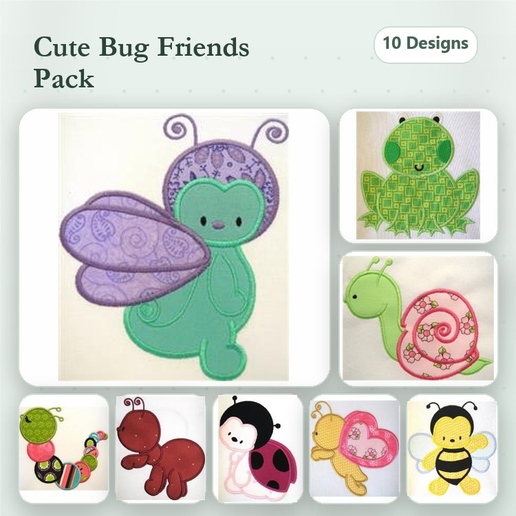 Applique Cute Insects and Bugs Embroidery Bundle – Butterfly, Frog, Snail, Ladybug & More (10 Designs)