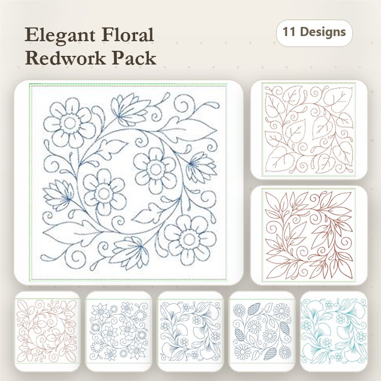 Redwork Floral Embroidery Bundle – Floral Design with Swirls, Large Floral Cluster, & More (11 Designs)