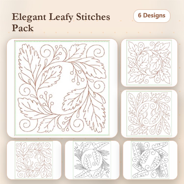 Redwork Leafy Stitch Embroidery Designs Bundle – Leafy Vine Border, Twisted Leaf Arrangement, & More (6 Designs)