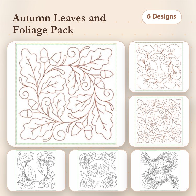 Redwork Autumn Leaves and Foliage Embroidery Bundle – Oak Leaf with Acorns, Swirl Leaves, Floral Arrangement & More (6 Designs)