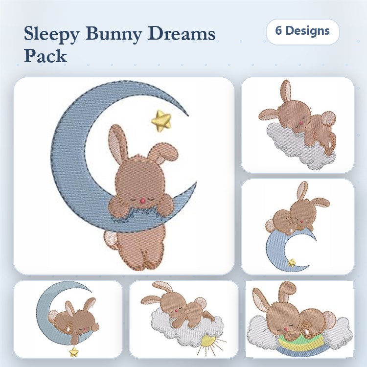 Bunny & Moon Embroidery Designs Bundle – Sleepy Bunny on Moon, Bunny Snuggled on Cloud & More (6 Designs)