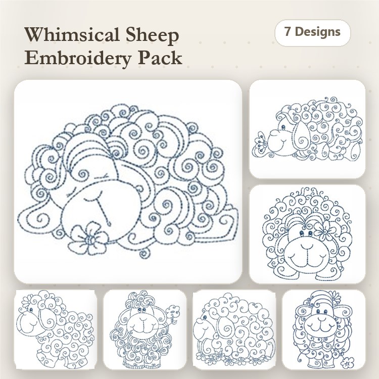 Redwork Whimsical Sheep Embroidery Bundle – Sheep with Flower, Happy Sheep, Charming Sheep & More (7 Designs)