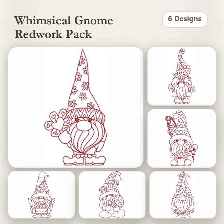 Redwork Whimsical Gnome Embroidery Designs Bundle – Gnome with Flowers, Gnome with Star, Tall Gnome & More (6 Designs)