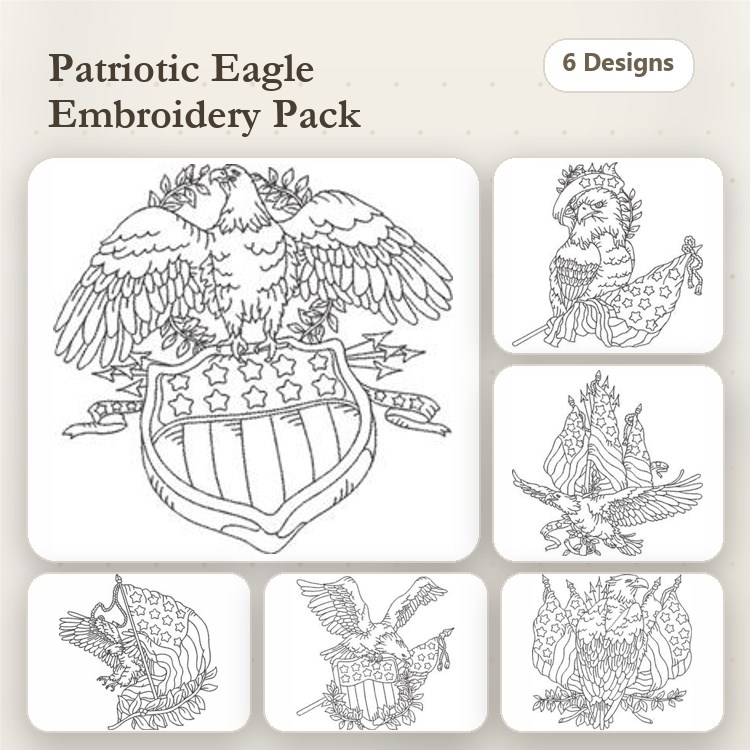 Redwork Patriotic Eagle Embroidery Designs Bundle – Eagle with Shield, Eagle Holding Flag, & More (6 Designs)