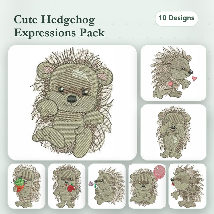 Hedgehog Expressions Embroidery Designs Bundle – Hedgehog with Hearts, Balloon, Gift & More (10 Designs)
