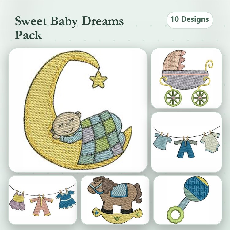 Baby-Themed Embroidery Designs Bundle – Sleeping Baby on Moon, Baby Carriage, Toy Horse & More (10 Designs)