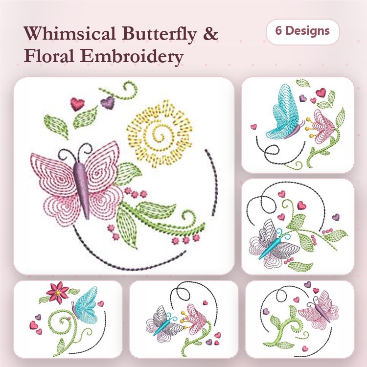 Floral & Butterfly Embroidery Designs Bundle – Whimsical Pink Butterfly, Floral Blossom, Butterfly with Flowers & More (6 Designs)