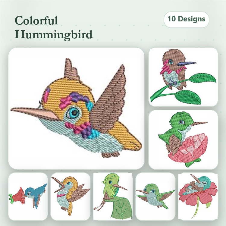 Colorful Hummingbird Embroidery Designs Bundle – Hummingbird on Leaf, Hummingbird with Flower, & More (10 Designs)