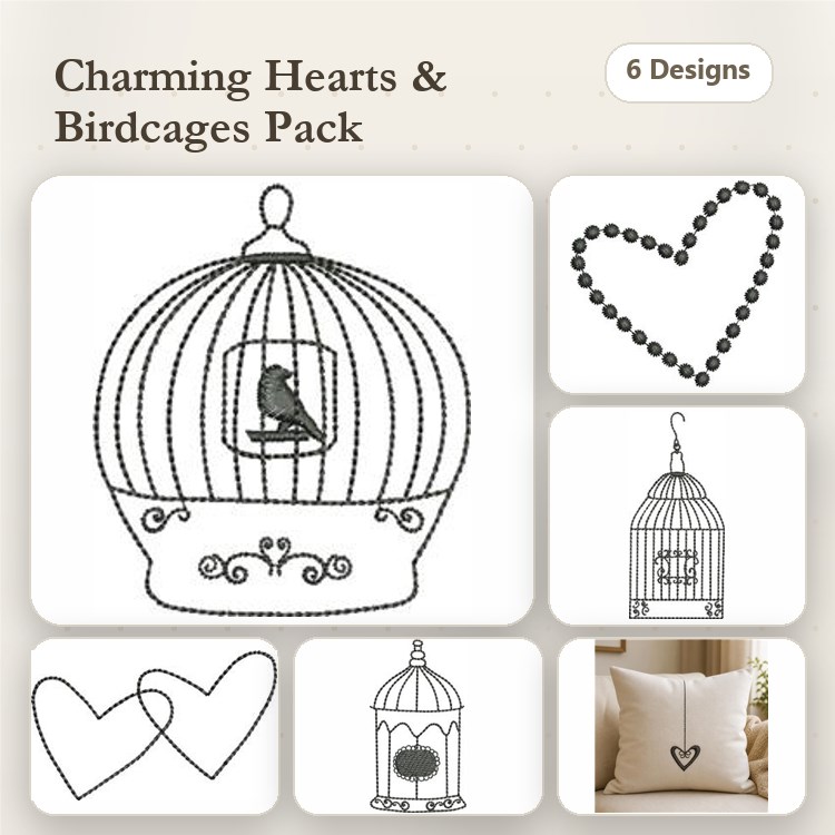 Redwork Hearts and Birdcages Embroidery Designs Bundle – Birdcage with Bird, Heart Outline, Two Interlinked Hearts & More (6 Designs)