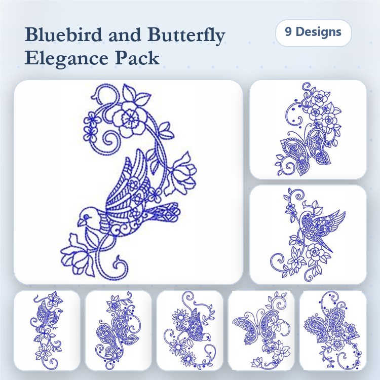 Redwork Bluebird & Butterfly Embroidery Designs Bundle – Bluebird with Flowers, Butterfly with Flowers, & More (9 Designs)