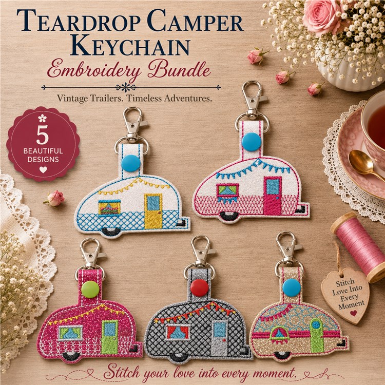 Teardrop Camper Keychain Embroidery Bundle – Vintage Trailers (5 Designs)