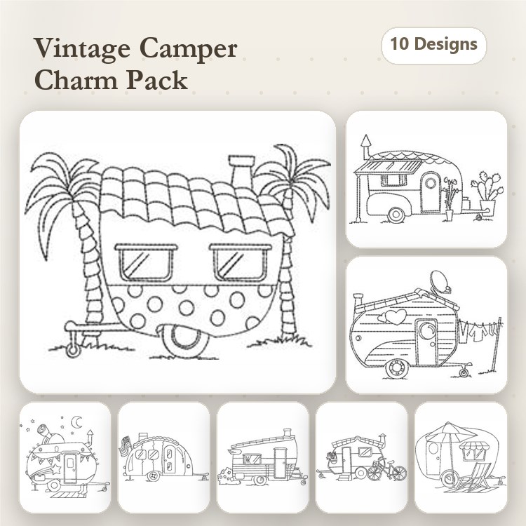 Redwork Vintage Camper Embroidery Designs Bundle – Polka Dots, Travel Trailer, Camping Under the Stars & More (10 Designs)