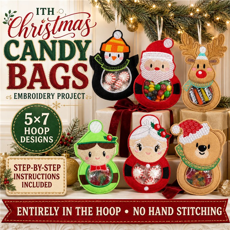 ITH Holiday Treat Holders Embroidery Bundle – Santa, Penguin, Reindeer, Elf & More (6 Designs)