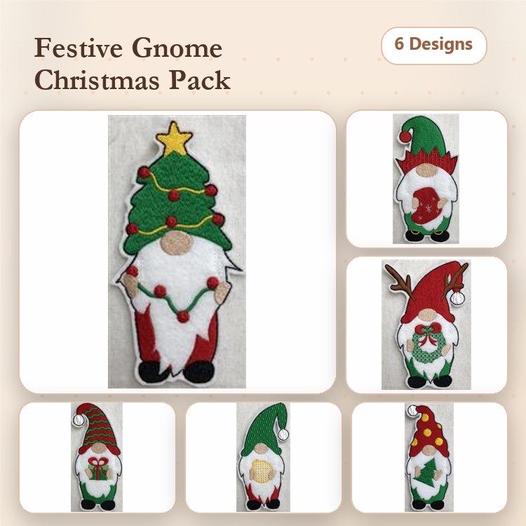 Applique Festive Gnomes Embroidery Bundle – Gnome with Christmas Tree, Gnome with Red Hat, Gnome with Yellow Star & More (6 Designs)