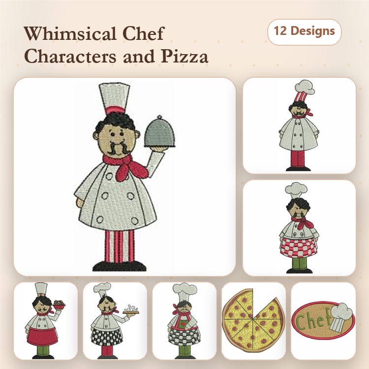 Chefs & Pizza Characters Embroidery Designs Bundle – Whimsical Chef with Plate, Pizza Slice & More (12 Designs)