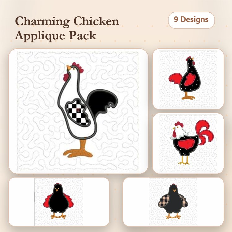 Applique Charming Chicken Embroidery Bundle – Checkerboard Chicken, Red Rooster, Black Hen & More (9 Designs)