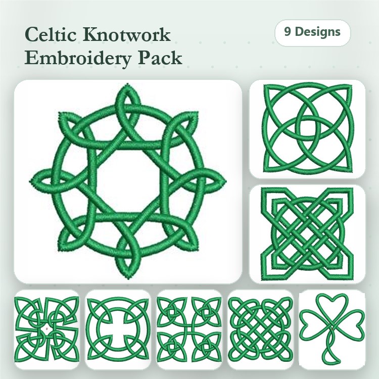 Celtic Knotwork Embroidery Designs Bundle – Celtic Knot Circle, Interwoven Star, Cross Design & More (9 Designs)