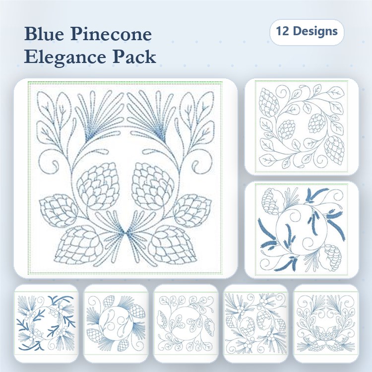Pinecone & Floral Embroidery Designs Bundle – Pinecone Floral Arrangement, Decorative Pinecone Design, & More (12 Designs)