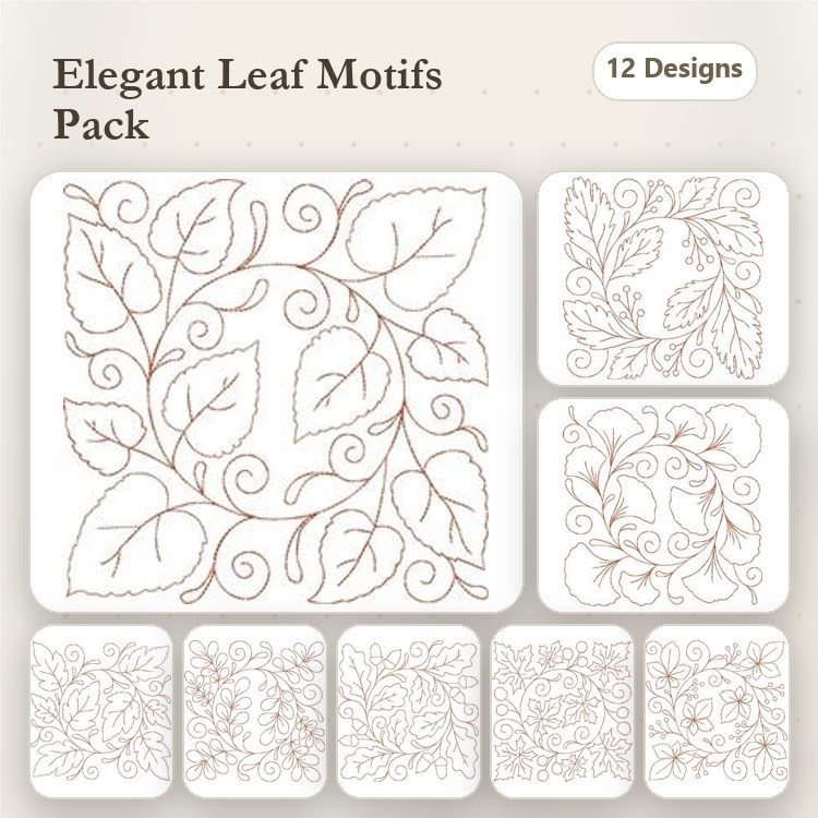 Redwork Leaf Motifs Embroidery Designs Bundle – Leaf Motif with Swirls, Creeping Leaf Motif, Circular Leaf Design & More (12 Designs)