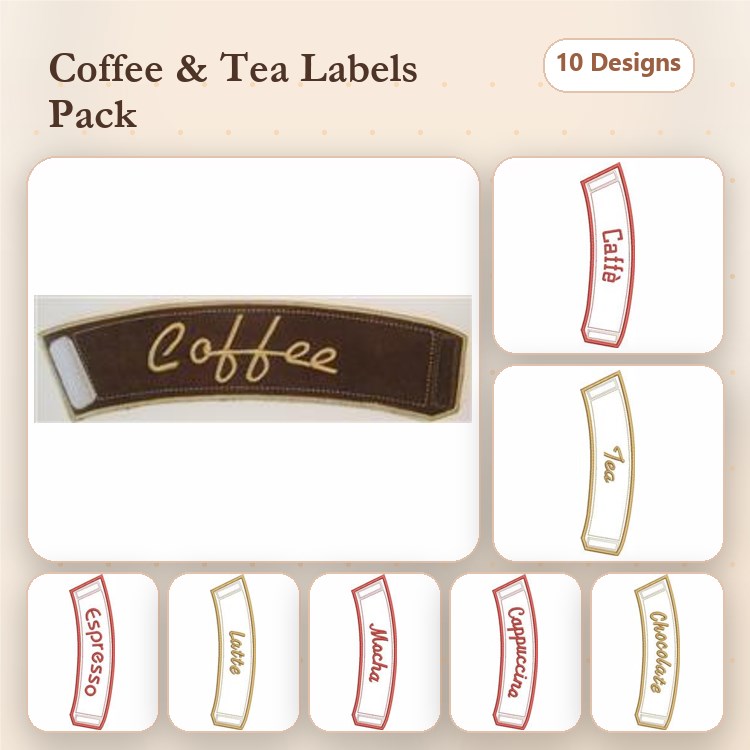 ITH Coffee and Tea Embroidery Designs Bundle – Coffee, Tea, Espresso & More (10 Designs)