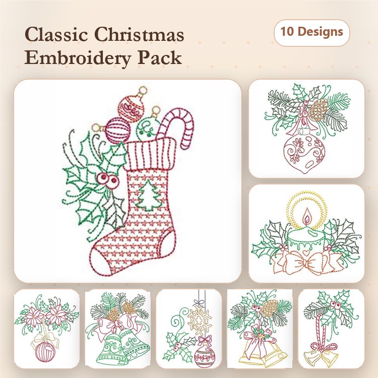 Redwork Classic Christmas Embroidery Designs Bundle – Christmas Stocking, Holly, Bell & More (10 Designs)