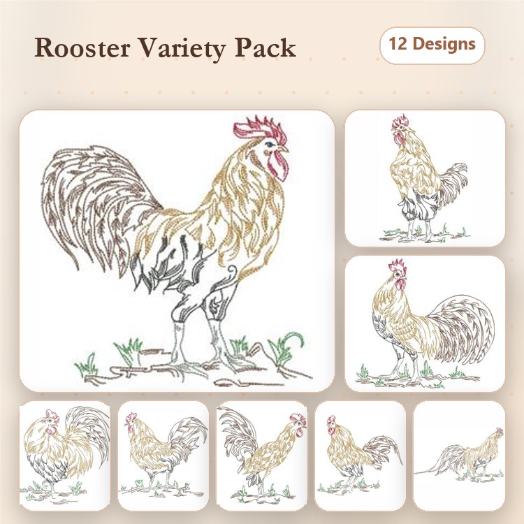 Rooster Embroidery Designs Bundle – Rooster Standing Tall, Rooster Profile, Rooster in Motion & More (12 Designs)