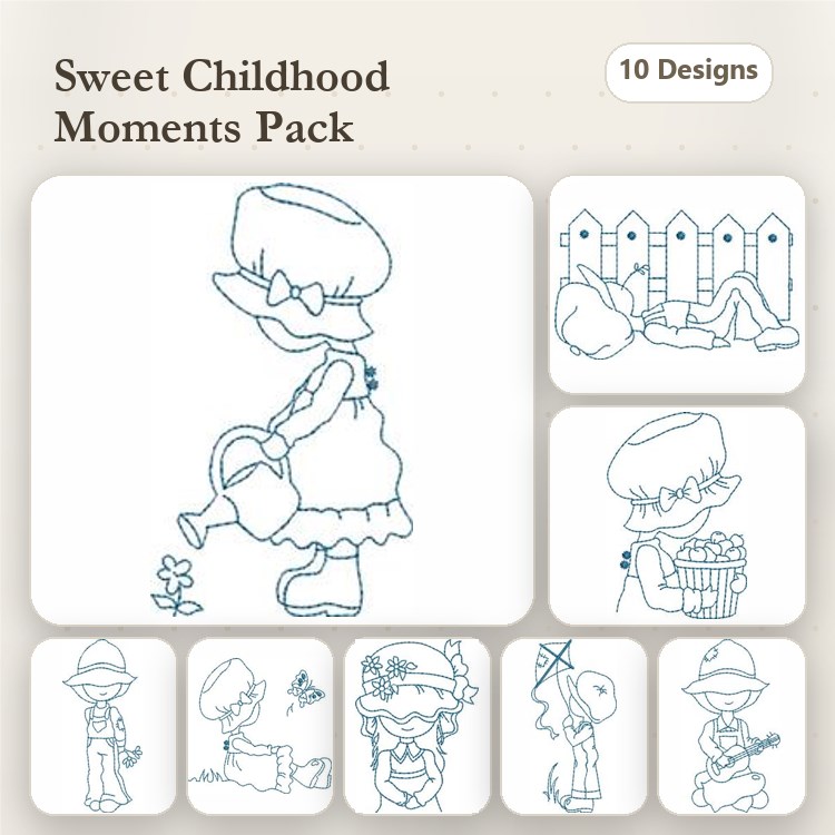 Redwork Childhood Scenes Embroidery Designs Bundle – Girl Watering Flowers, Child with Bunny, Child with Basket & More (10 Designs)