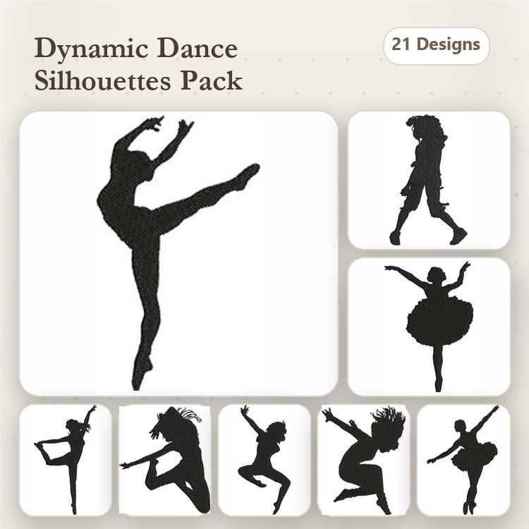 Dance Silhouettes Embroidery Designs Bundle – Ballet Dancer, Jazz Dancer, Dancer in Motion & More (21 Designs)