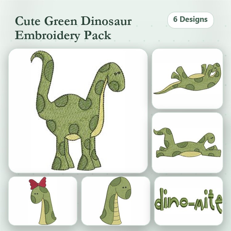 Cute Green Dinosaurs Embroidery Designs Bundle – Green Dinosaur with Bow, Standing Green Dinosaur, & More (6 Designs)