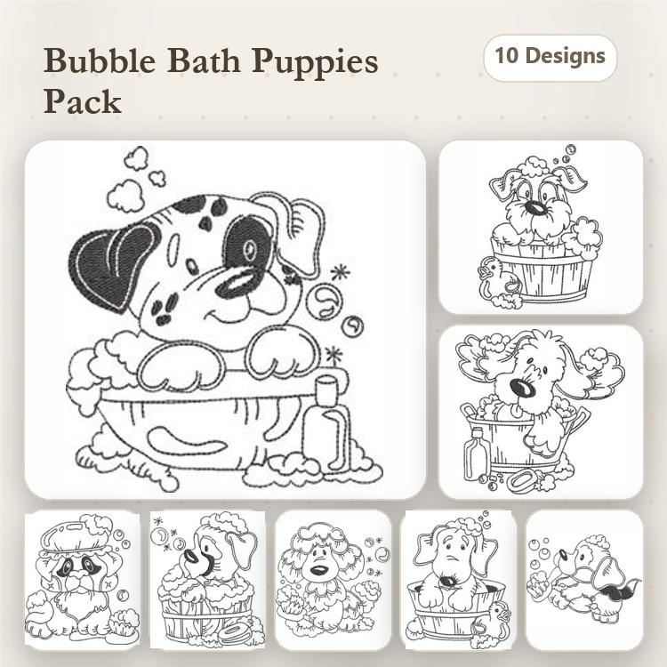 Dog Bathing Embroidery Bundle – Playful Puppy Designs (10 Designs)