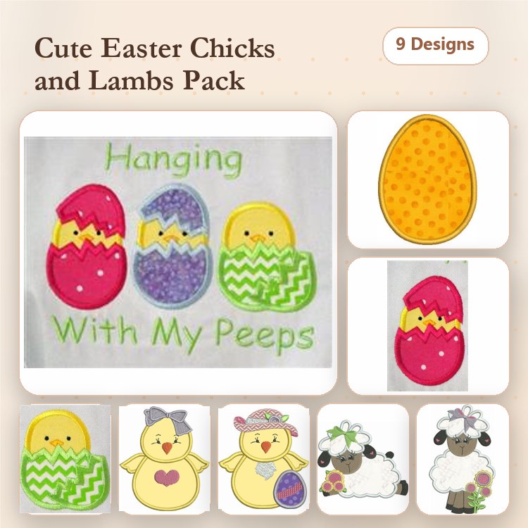 Applique Easter Chicks & Lambs Embroidery Designs Bundle – Easter Chick with Egg, Lamb with Flower & More (9 Designs)