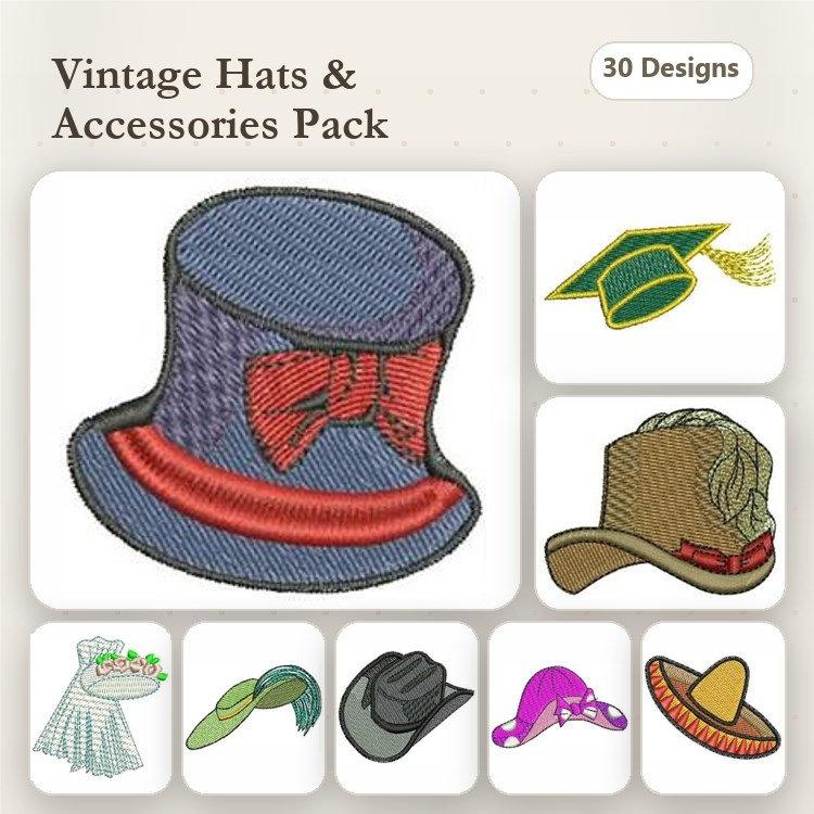 Vintage Hats Embroidery Bundle – Top Hat, Graduation Cap, Cowboy Hat & More (30 Designs)