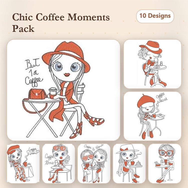 Redwork Coffee-Themed Embroidery Designs Bundle – Girl with Coffee Cup, Caffeine Queen, Coffee Lovers Club & More (10 Designs)