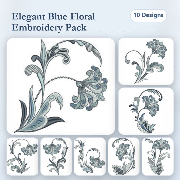 Floral Embroidery Designs Bundle – Blue Floral Design with Leaves, Elegant Blue Flower, & More (10 Designs)
