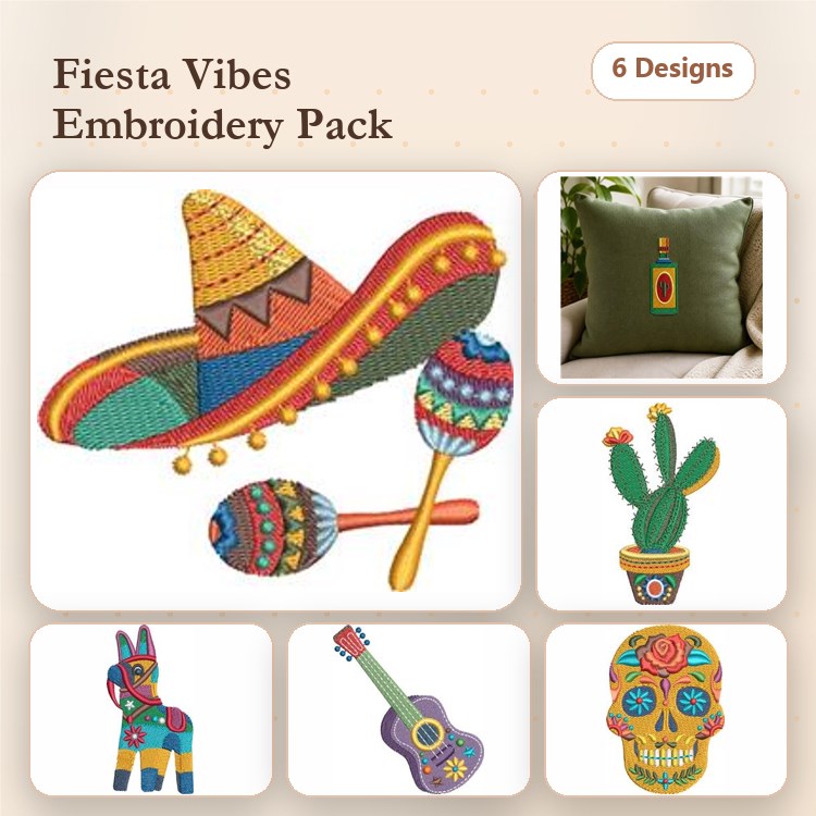 Fiesta Themed Embroidery Designs Bundle – Sombrero, Maracas, Cactus, Donkey Pinata & More (6 Designs)