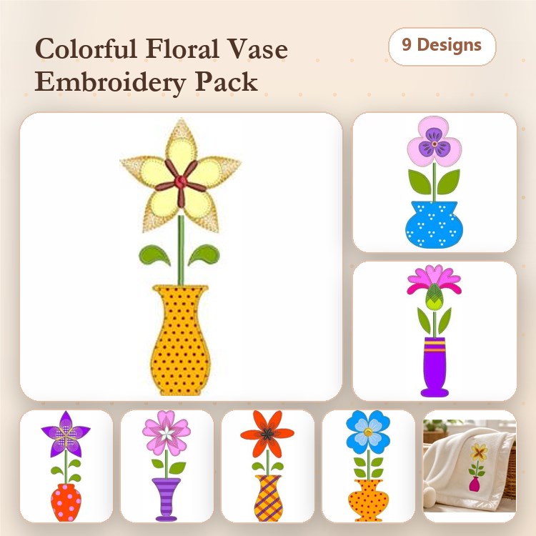 Applique Colorful Floral Vases Embroidery Bundle – Flower in Polka Dot Vase, Pink Flower in Pink Vase & More (9 Designs)