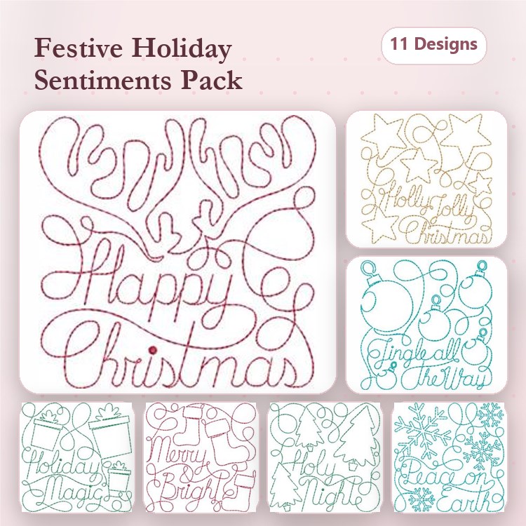 Redwork Holiday Sentiments Embroidery Designs Bundle – Happy Christmas, Joyful Christmas, Tis the Season, & More (11 Designs)