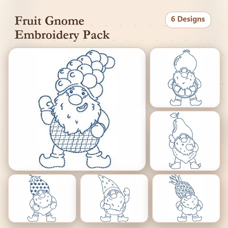 Redwork Fruit Gnomes Embroidery Bundle – Gnome with Grapes, Gnome with Watermelon, Gnome with Pineapple & More (6 Designs)