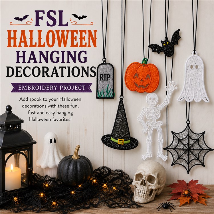 FSL Spooky Halloween Embroidery Designs Bundle – Bat, Ghost, Skeleton, Pumpkin & More (7 Designs)
