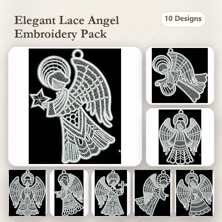 FSL Angel Lace Embroidery Designs Bundle – Angel with Star, Guardian Angel, Cherub Angel & More (10 Designs)