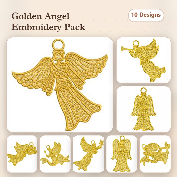 Golden Angels Embroidery Bundle – Angel with Trumpet, Standing Angel, Dancing Angel & More (10 Designs)