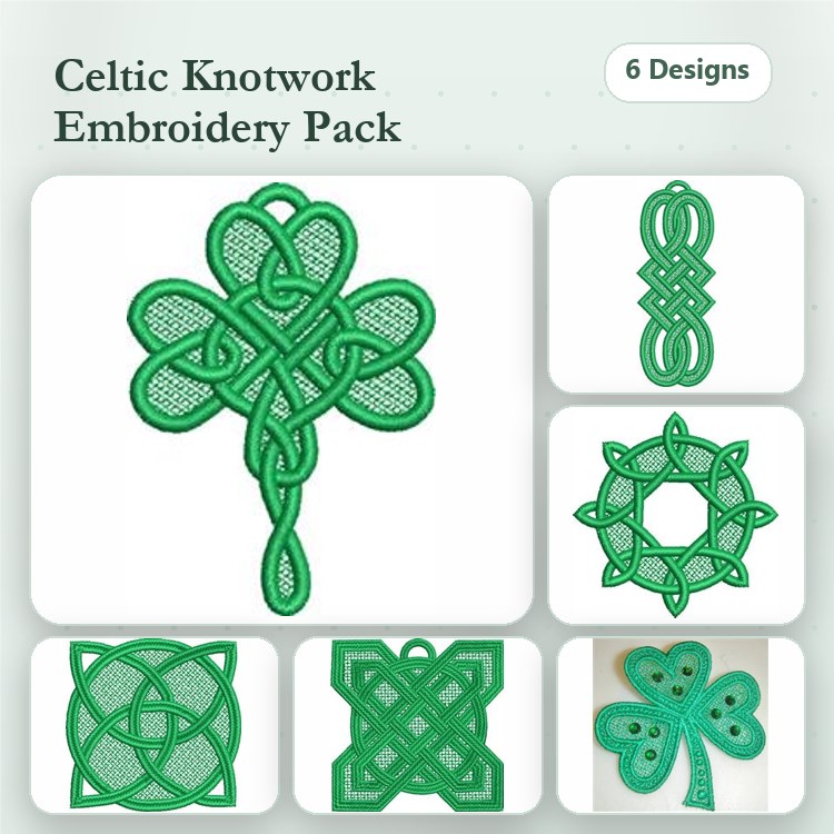 FSL Celtic Knotwork Embroidery Designs Bundle – Shamrock, Cross, Knot & More (6 Designs)