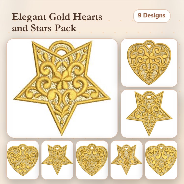 FSL Elegant Gold Hearts & Stars Embroidery Designs Bundle – Gold Star Ornament, Gold Heart Ornament with Swirls & More (9 Designs)