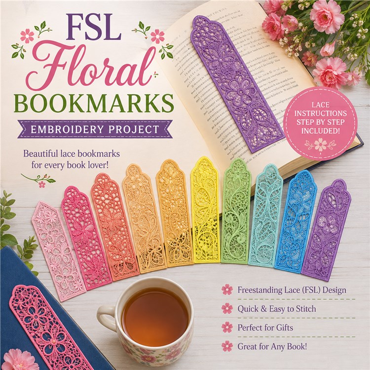 FSL Floral Bookmark Embroidery Designs Bundle – Purple, Pink, Blue, Red & More (10 Designs)