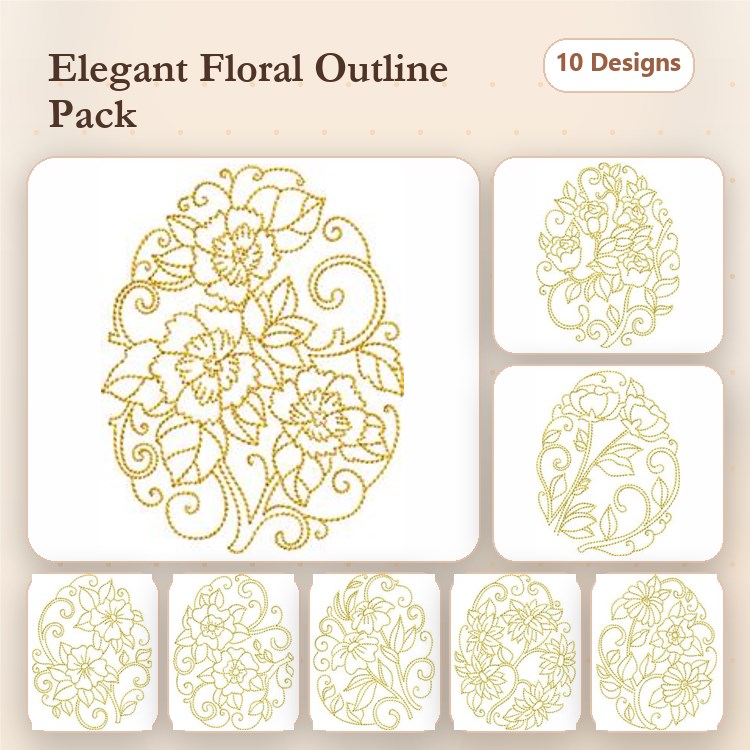 Redwork Elegant Floral Embroidery Bundle – Floral Outline with Roses, Ornate Floral Outline, & More (10 Designs)