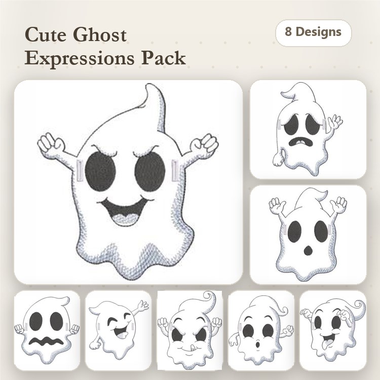 Cute Ghost Expressions Embroidery Designs Bundle – Happy, Sad, Surprised, Angry & More (8 Designs)